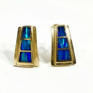 Vintage 14K Gold Lightning Ridge Black Opal Earrings